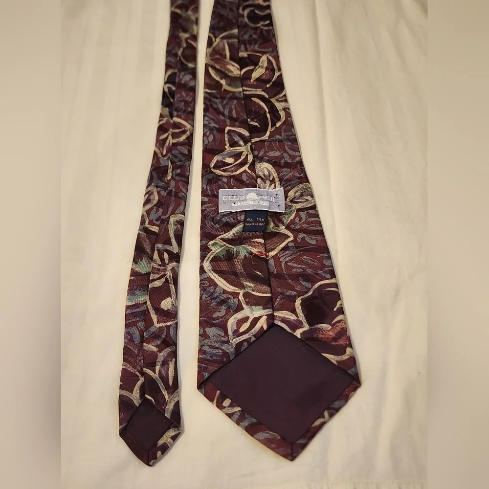 Vintage Floral Silk Tie Burgundy Gold Wide Retro Pattern Necktie OS